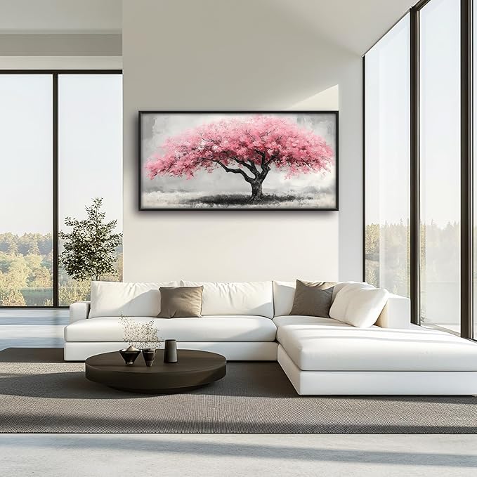 Extra Large Framed Pink Tree Wall Art,Abstract Tree of Life Wall Decor,Pink and Grey Pictures for Living Room,Canvas Print Painting Modern Artwork Bedroom Office Bathroom Home Decor 60L x30W