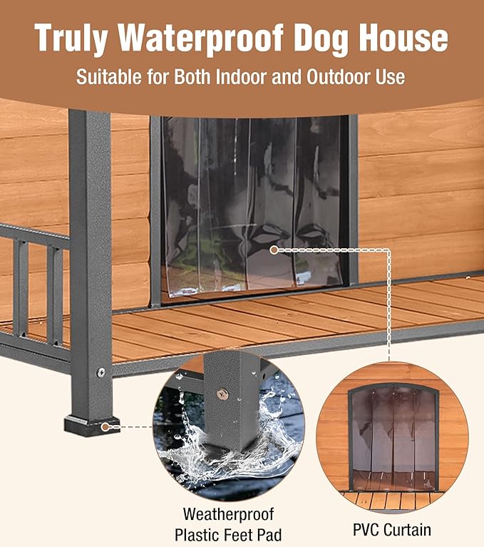 Gutinneen Large Dog House Outdoor with Strength Metal Frame, Outside Dog House with Waterproof Roof, PVC Curtain, Fir Wood Patio, Design for Small & Medium & Large Dogs