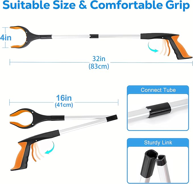 Grabber Reacher Tool - 32” Extra Long Foldable Gripper and Reaching Tool - Heavy Duty Pick Up Stick Grabbers for Seniors, Trash, Surgery Recovery Must Haves Gifts (Orange*2pc)