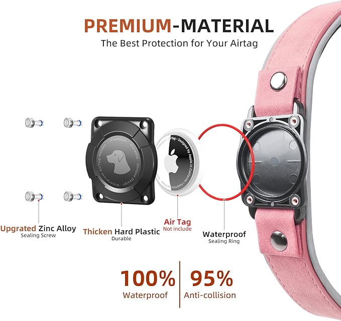 AirTag Dog Collar - Leather Dog Collar with Air Tag Holder | IPX8 Waterproof, Reflective, High - End, Adjustable Soft Padded | Dog GPS Tracker Collars Fit for Medium Large Dogs (Pink, L)