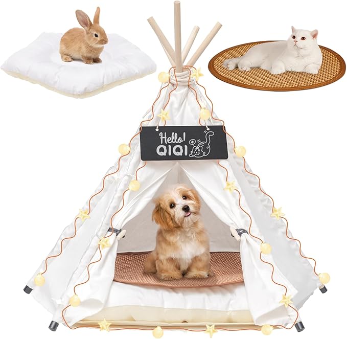 16" Dog& Cat Teepee Tent +20" Pet Cooling Mat +10ft Star String Light [2-Modes],Cotton Thicked Soft Comfort Anti-Slip Cushion (Used/Wash Separately), Small Pets Tents House Indoor or Outdoor