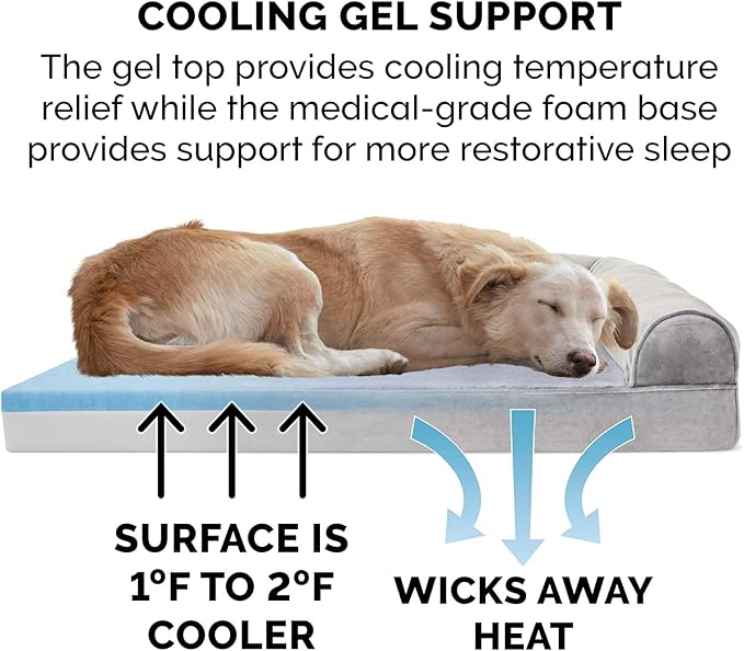 Furhaven Cooling Gel Dog Bed for Medium/Small Dogs w/ Removable Bolsters & Washable Cover, For Dogs Up to 35 lbs - Faux Fur & Velvet Sofa - Smoke Gray, Medium