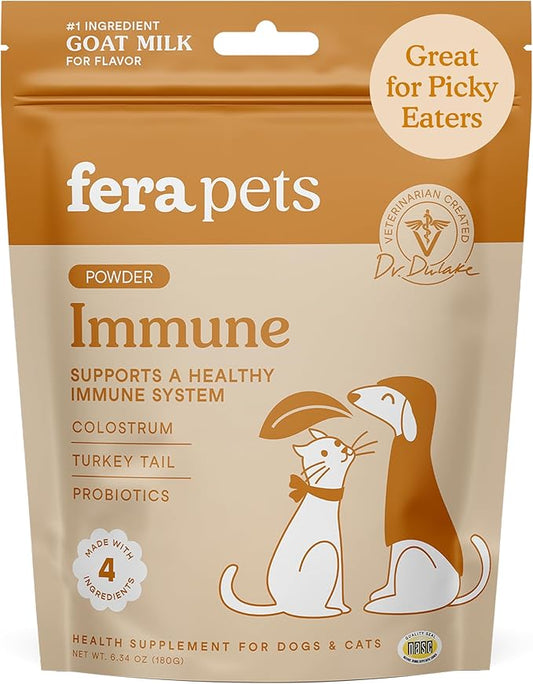 Fera Pets Immune Goat Milk for Dogs & Cats with Colostrum, Organic Turkey Tail Mushroom, & Probiotics - Improves Immune Response - for Picky Eaters - Powder - 60 TSP
