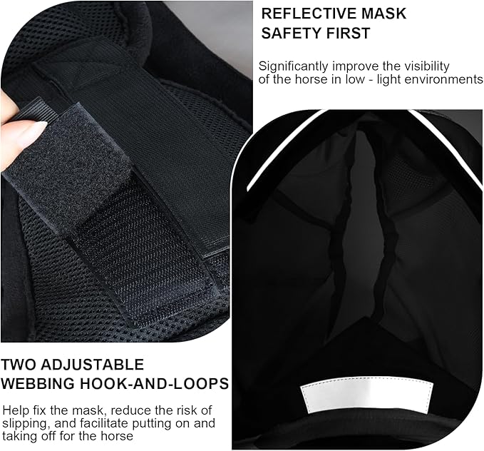 Luminous Horse Fly Mask with Long Nose, Ears, Full Face & Eye Protection - Full Mesh, Detachable Nose Cover, Fleece Padded Edging, Hook-and-Loop Straps with Webbing, Hanging Straps Black