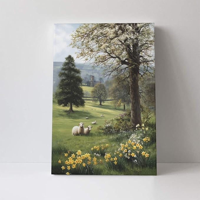 Country Sheep Canvas Wall Decor Farmhouse Rustic Lamb Wildflower Wall Art Nature Countryside Landscape Pictures Painting Print Framed Artwork Decorations for Bathroom Living Room Bedroom 16"x24"