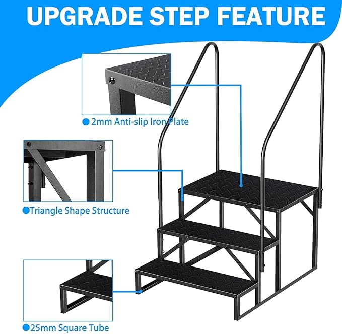 RV Step 3 Step Ladder, Upgrade RV Step with Handrails, Heavy Duty RV Stairs with Anti-Slip Pedal Hot Tub Steps, Removable Camper Step for Spa/Porch/Pet/Mobile Home（2 Handrails