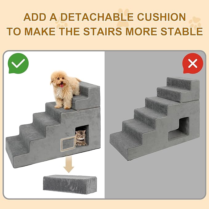 Dog Stairs for Small Dogs 27”H, 6-Step Dog Steps for High Bed, High-Density Foam Pet Stairs with Non-Slip Removable Washable Cover to Get on Bed