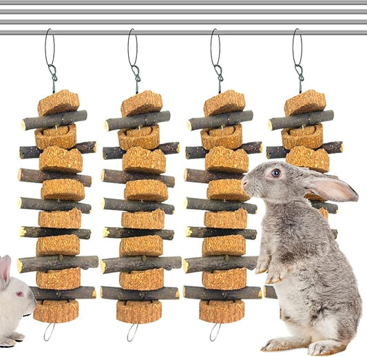 PINVNBY Rabbit Chew Toys for Teeth Hanging,Natural Apple Bunny Chew Sticks Small Animals Molar Wood for Rabbits Chinchillas Guinea Pigs Hamsters Small Pet Chewing Improve Dental Health(4 Pcs)