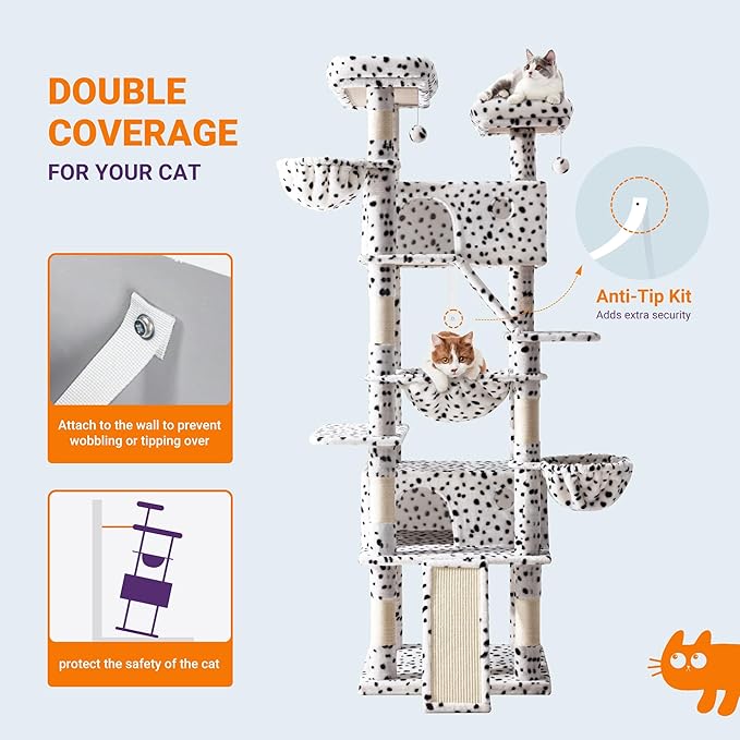 Allewie 81 Inches Tall Cat Tree/Multi-Level Large Climbing Tree House and Towers for Big Feline/Condo and Hammock/Scratching Post/Wide Base/White & Black Spot