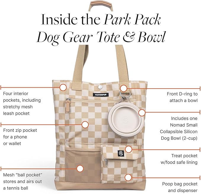 Park Pack 2-Piece Set Dog Gear Tote – Dog Travel Bag with 8 Pockets, Treat Pouch, Poop Bag Dispenser, Quick-Dry Ball Pocket, Collapsible Bowl, Perfect for Walks & Park Trips, Checkerboard