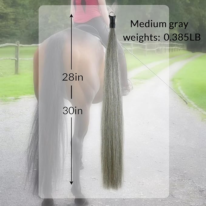 Horse Tail Extension with Braided Horsehair Loop, Blunt Cut Bottom, 3/8 lb, 28-30 inches (Medium gray)