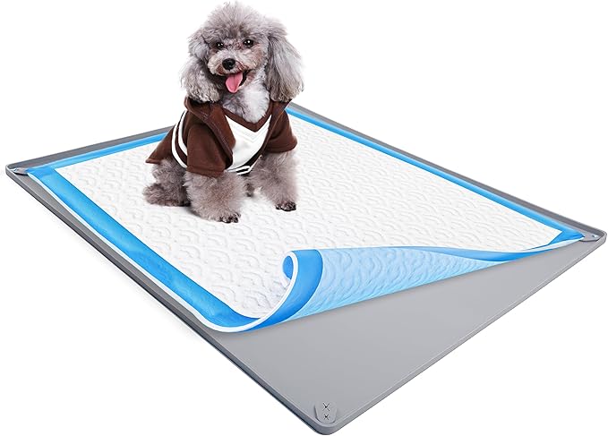TidyFriend Dog Pee Pad Holder Tray Fits for 28” x 34” Pee Pads with Corner Lock Holes, Raised Edges, Non-Spill, Easy to Clean Silicone Dog Potty Tray Holder, for Indoor Floor Protection (Light Grey)