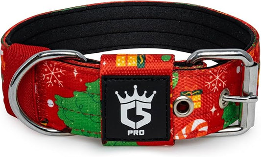TSPRO Tactical Dog Collar 1.5 Inch Wide Thick Dog Collars with Heavy Duty Metal Buckle, Durable, Strong, Adjustable for Medium to Large Dogs (Christmas Red M)