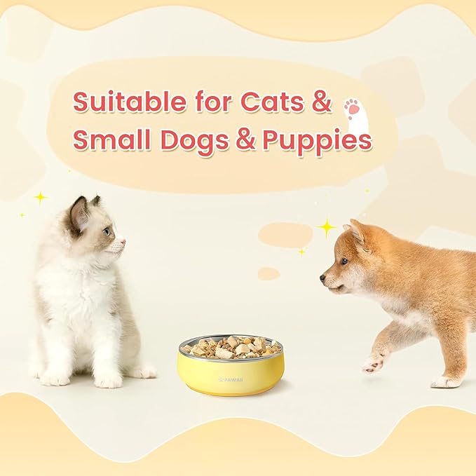 Pawaii Small Dog Bowls, 12 oz. Food Water Bowl Designed for Puppies and Cats with Non-Slip Rubber Base, Upgraded Metal Insulated, Double Stainless Steel Bowls, Cheese Yellow