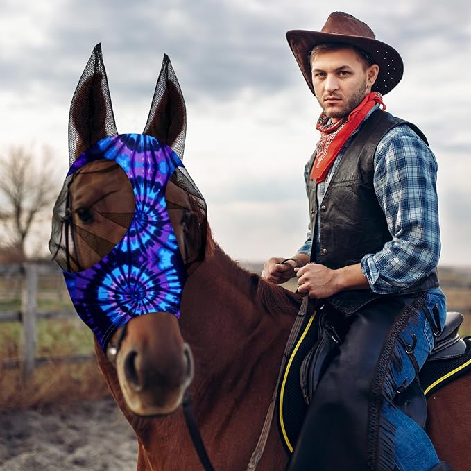 Qualirey12 Pieces Horse Fly Mask Bulk Comfortable Elasticity Mask for Horses with Ears Net UV Protection Breathable Face Covering for Pony and Foal(Large, Tie Dye Patterns)