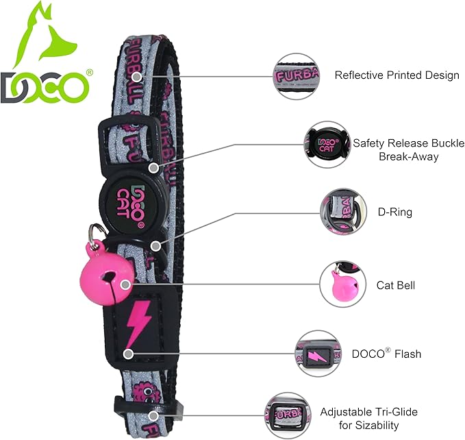 DOCO Cat Collar (Neck Girth - 3/8" x 7.5-12", Weight Upto - 13lb) Reflective Cat Collar with Bell, Breakaway Safety Buckle, Adjustable Nylon Strap for Kittens & Adult Cats (Pink)