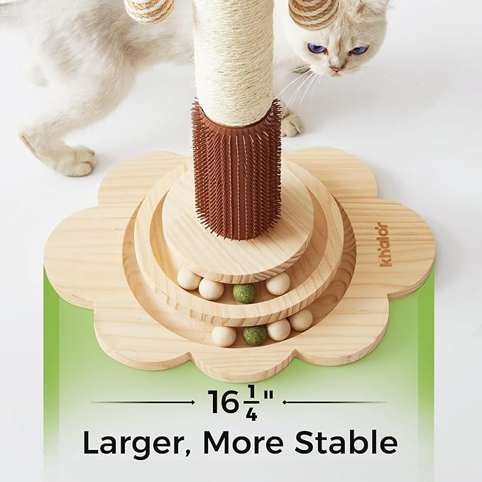 Cat Sisal Scratching Post, 4 in 1 Wooden Cat Scratcher Toy with Groomer, 24" Tall Scratch Post with 2-Layer Interactive Track Balls, Cat Climbing Tree with 2 Hanging Balls for Kittens