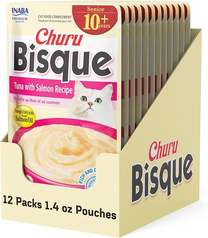 INABA Churu Bisque for Cats Senior 10+, Creamy Purée Side Dish Pouch, 1.4 Ounces per Pouch, 12 Pouches Total, Tuna with Salmon Recipe