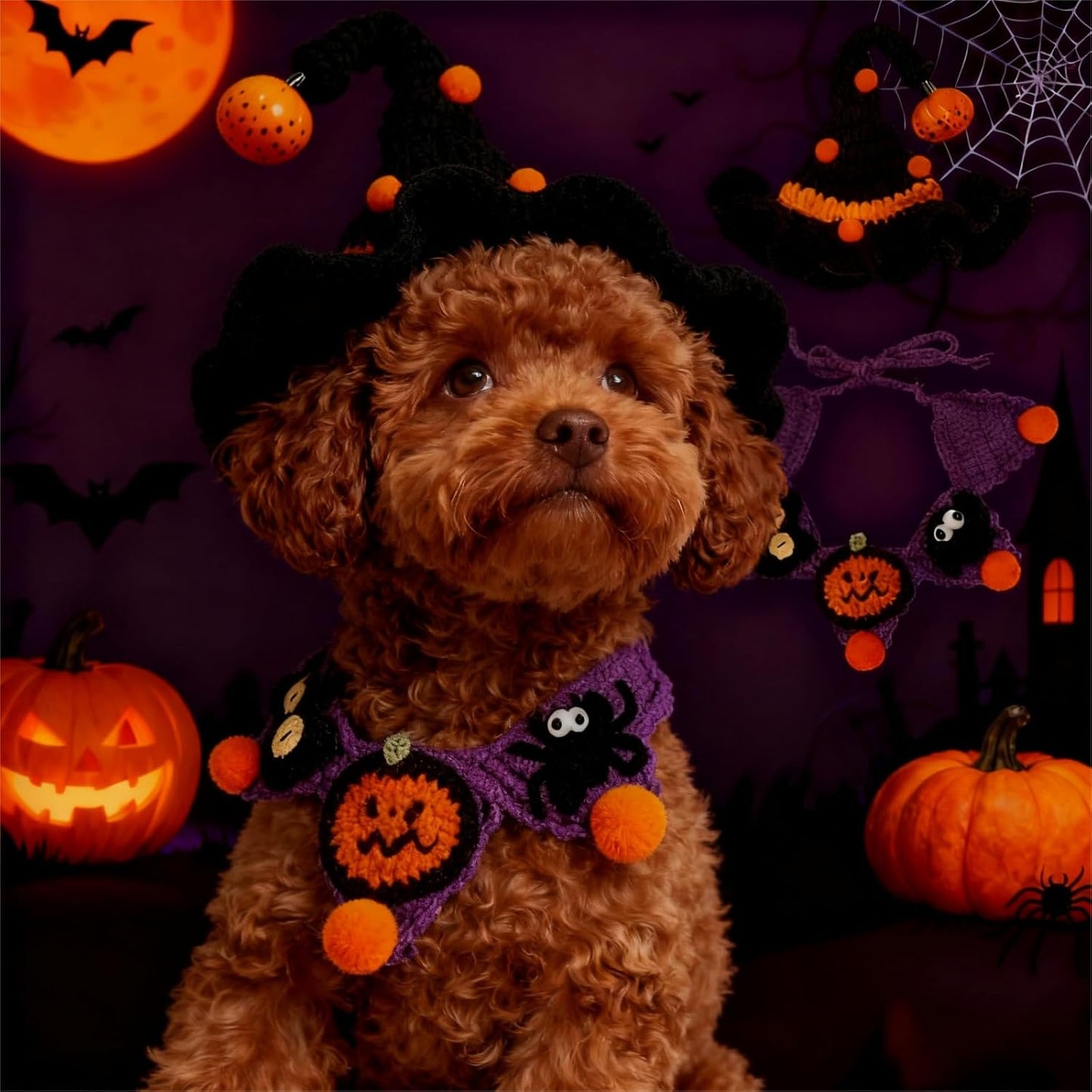Halloween Dog Costume - Black Witch Hat & Halloween Outfit for Rabbits,Cats and Small Sized Dogs,Handmade Festive Halloween Pet Apparel with Pumpkin Design,Perfect for Dog & Cats (Small to Large size Pets)