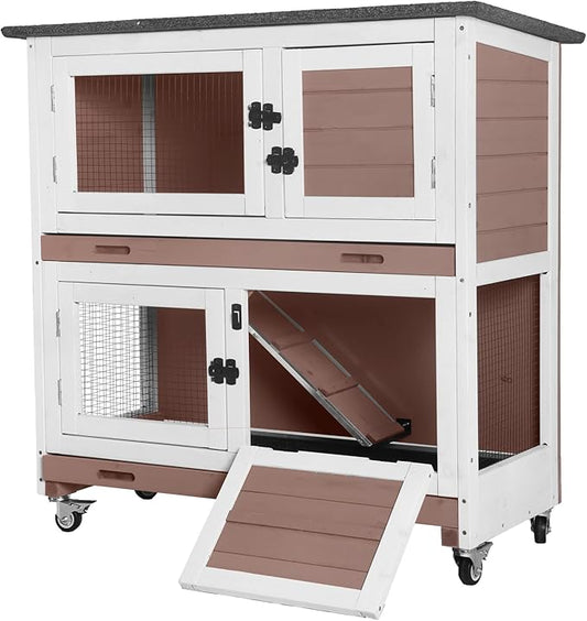 GUTINNEEN Rabbit Hutch Indoor Mobile Outdoor Bunny Cage with Openable Middle Door, Two Story Guinea Pig Cage with Wheels, 36" L x 17.7" W x 36.4" H