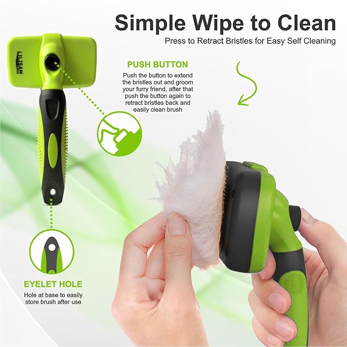 Pet Self Cleaning Slicker Brush and Grooming Comb - Gently Removes Loose Hair, Tangles, and Dirt - Skin Friendly Deshedding Grooming Tool for Hair Dogs & Cats - Pet Supplies Accessories (Green)