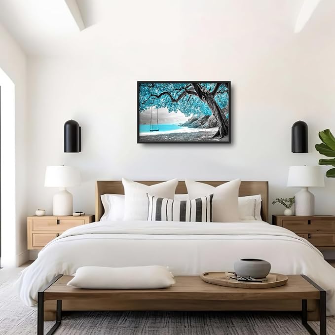 Extra Large Framed Abstract Tree Wall Art,Black and White Tree of Life Wall Decor,Blue Teal Sea Pictures for Living Room,Canvas Print Painting Modern Artwork Bedroom Office Bathroom 36L x 24W