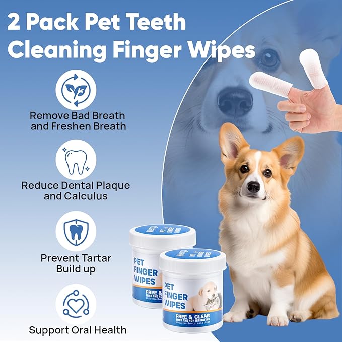 Pet Dental Finger Wipes for Dogs & Cats, 120 Count Dog Teeth Cleaning Dental Finger Wipes No-Rinse Cat & Dog Tooth Brushing Kit, Remove Plaque and Tartar & Freshens Breath (60 Count x2)