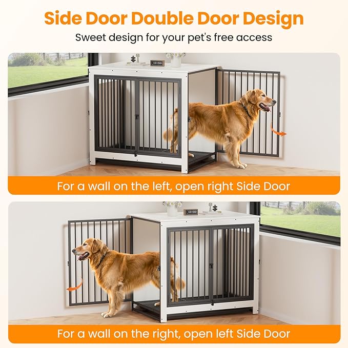 Dog Crate Furniture, Large Dog Crate Furniture, Wooden Cage Kennel Furniture Indoor, Modern Dog Crate with Multi-Purpose Removable Tray, Double-Doors Dog Furniture, End table dog crate, White