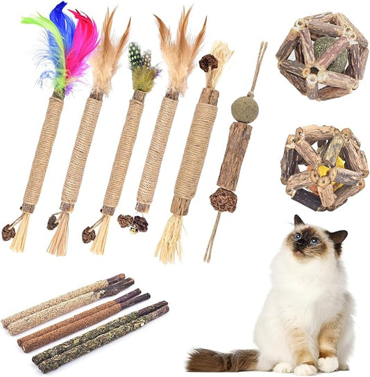 TINDTOP Cat Chew Toys, 12 Pack Silvervine Chew Sticks with 2 Pack Cage Balls for Kittens Teeth Cleaning, Matatabi Dental Care, Increase Appetite, Aggressive Chewers Cat Dental Toy