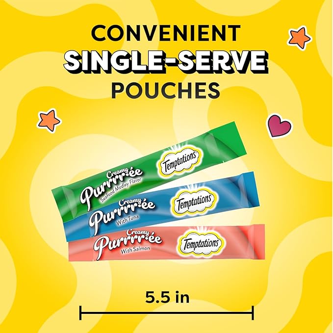 Temptations Creamy Puree Mix-Ups Squeezable Lickable Wet Cat Treats, Tuna Flavor, Salmon Flavor, and Seafood Medley Flavor, 0.42 oz. Tubes, 48 Count