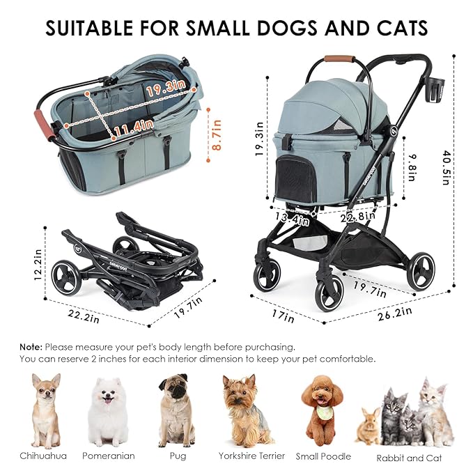 T3 3-in-1 Small Pet Stroller for Dog & Cats, 4 Wheels with Detachable Carrier with Pad, Canopy and Cup Holder (Green)