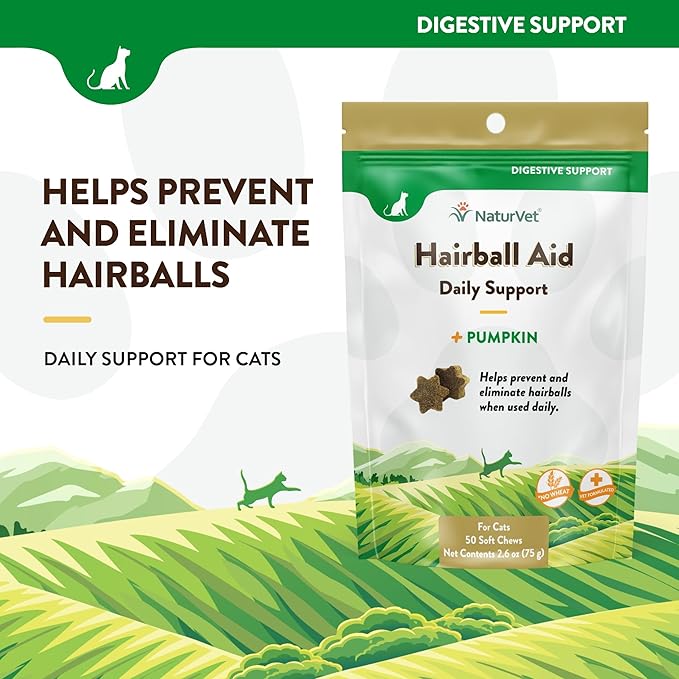 NaturVet Hairball Remedy Vitamin & Digestive Aid Supplement for Cats – Pet Health Supplement for Cat Hairballs, Digestive System Support – Includes Pumpkin, Vitamins – 50 Ct.
