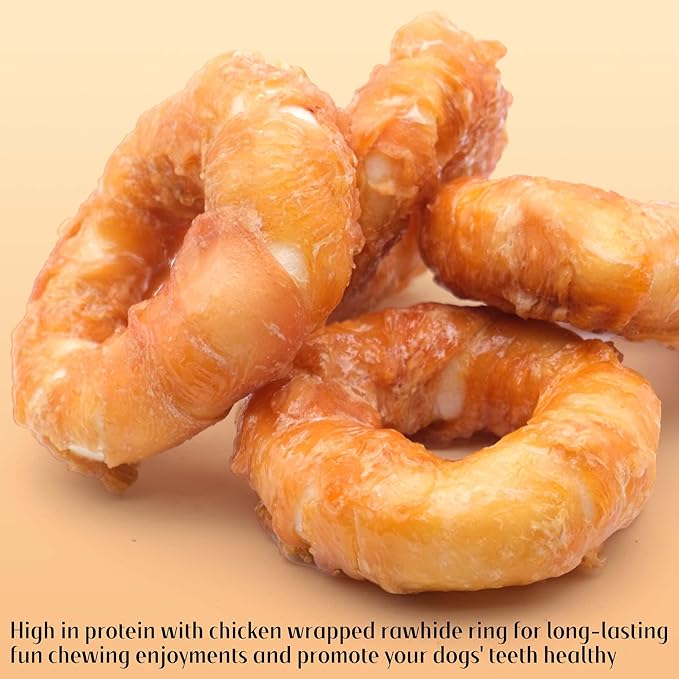 ASMPET Dog Treats Chews, Chicken Wrapped Rawhide Donuts Dental Care Chews for Small Medium Large Breed Aggressive Chewers (Pack of 4)