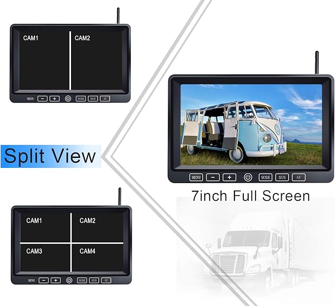 Wireless Backup Camera System with 7-Inch DVR Dual/Quad Split Touch Monitor, IP69 Waterproof HD 1080P Wireless 2 Rear View Side View Camera for RV Trailer Truck 5th Wheel,BW702