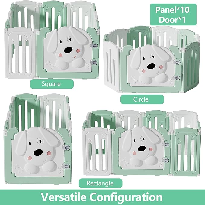 Foldable Dog Play Pen Indoors, Non-Slip Sturdy Puppy Playpen with Door, 25.5" H 10-Panel Adjustable Shape Dog Fence Pen for Small/Medium Dogs, Thickened, Easy to Store, White+Green