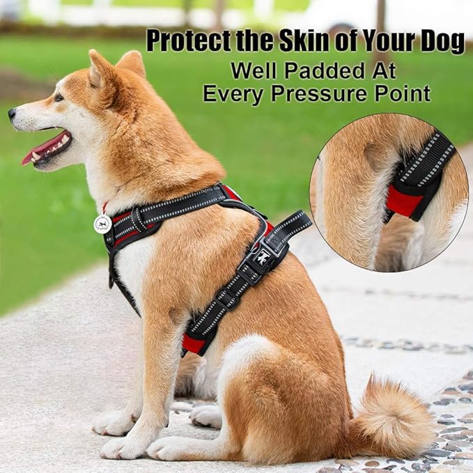 PoyPet No Pull Dog Harness, Reflective Comfortable Vest Harness with Front & Back 2 Leash Attachments and Easy Control Handle Adjustable Soft Padded Pet Vest for Small to Large Dogs (Red,XS)