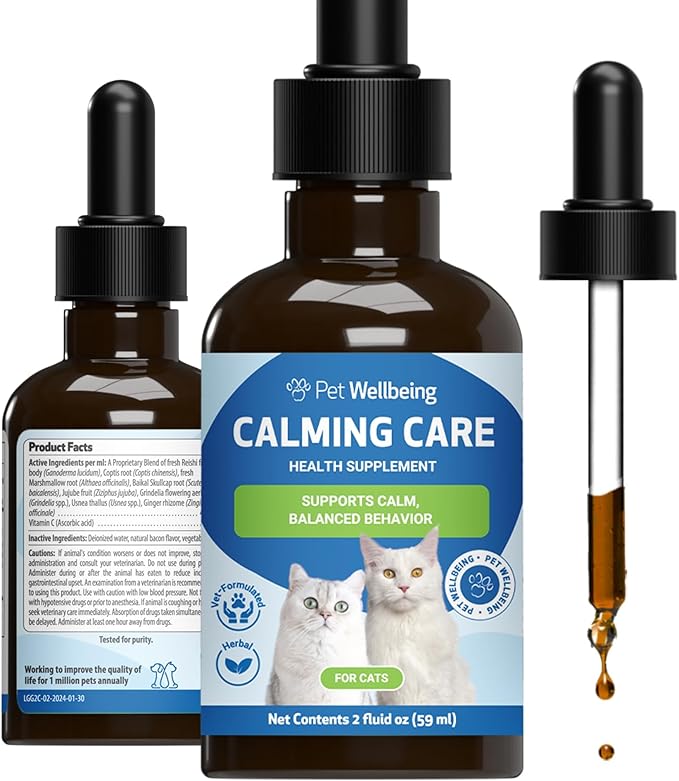 Pet Wellbeing Calming Care for Cats - Calm Support, Relaxed Nervous System, Emotional Balance, Adaptogens, Ashwagandha, Holy Basil - Veterinarian-Formulated Herbal Supplement 2 oz (59 ml)
