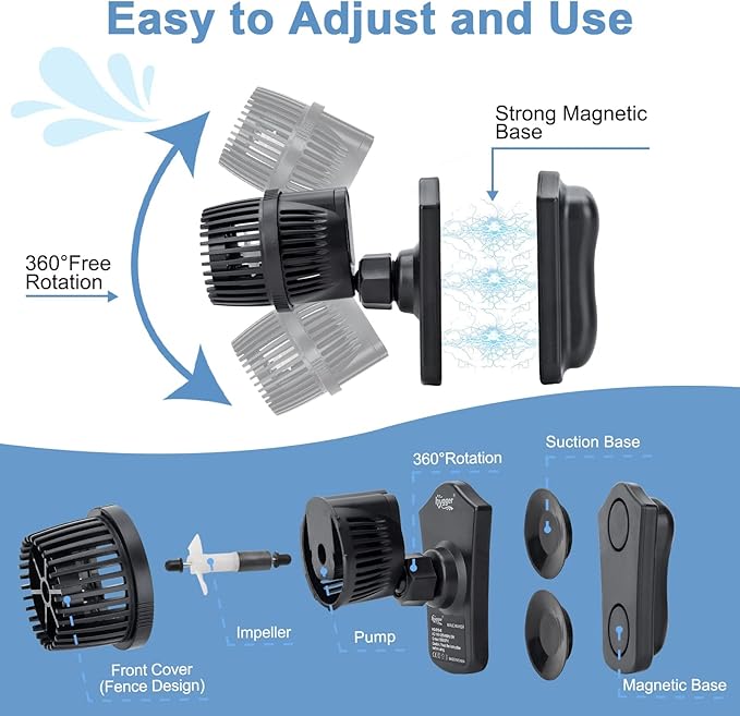 hygger 1050 GPH Aquarium Wave Maker Pump with Strong Magnetic Suction Base, Ultra-quiet 360 Degree Rotating Submersible Power Head, for 20-60 Gal Freshwater Saltwater Tank