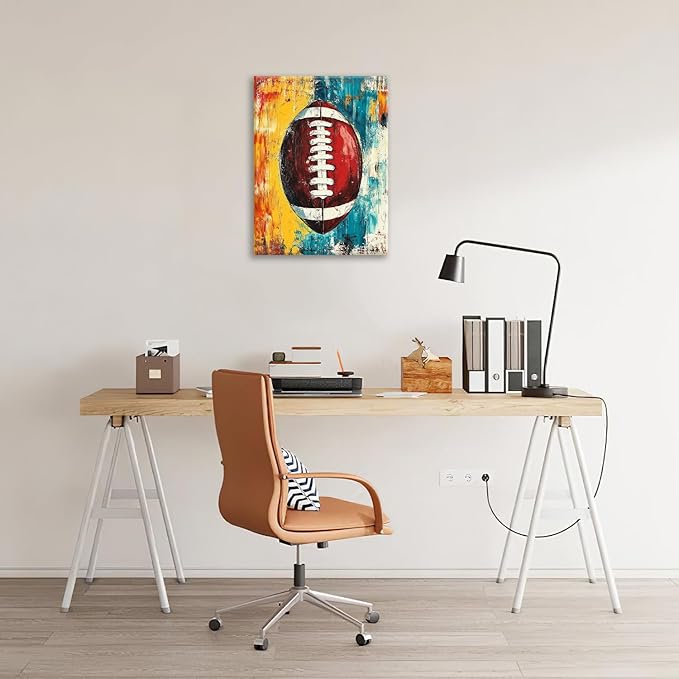 Graffiti Football Bathroom Pictures Wall Art, Rugby Sport Bathroom Wall Decor, Colorful Football Framed Painting Canvas Artwork for Bedroom Living Room Decorations 20"L x 16"W