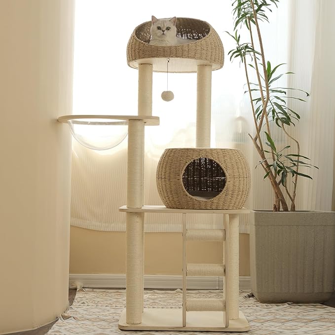 Rattan Cat Tree for Indoor Cats,Tall Cat Tree Tower with Cat Scratching Post,Wood Cat Tower for Indoor Cats,57.5 Inch Tall