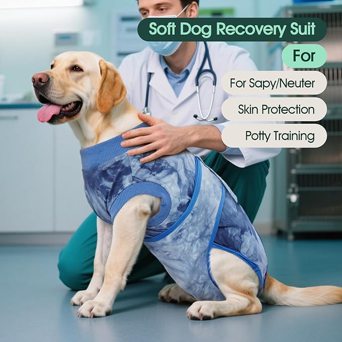 Kuoser Dog Surgery Recovery Suit, Anti Licking Pet Surgical Suit for Dogs Male Neuter, Female Dog Surgery Suit for Spay Subsititute E-Collar Cone, Dogs Body Suits After Surgery Blue Tie Dye M