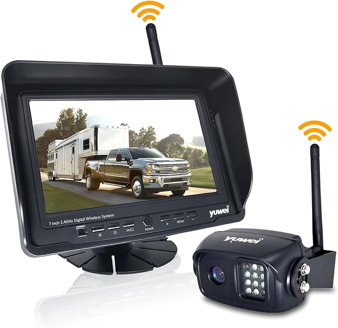 Yuwei Digital Wireless Backup Camera System Kit, AHD1080P, Wireless Rear View Camera and 7'' LCD Wireless Reversing Monitor for Trailer, RV, Bus, Trucks, Horse-Trailer, School Bus, Farm Machine,etc