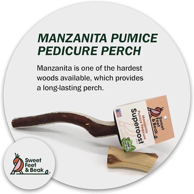 Superoost Manzanita Pumice Pedicure Perch- Easy to Install Bird Cage Accessories for Healthy Feet, Nails and Beak - Natural Bird Perches Imitates Birds' Life in The Wild - XS 8"