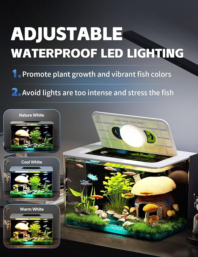 2.5 Gallon Fish Tank Small Aquarium Starter Kit with Hidden Filtration, 3 Color Light, Self Cleaning Nano Tank for Betta, Shrimp, Guppy, Angelfish