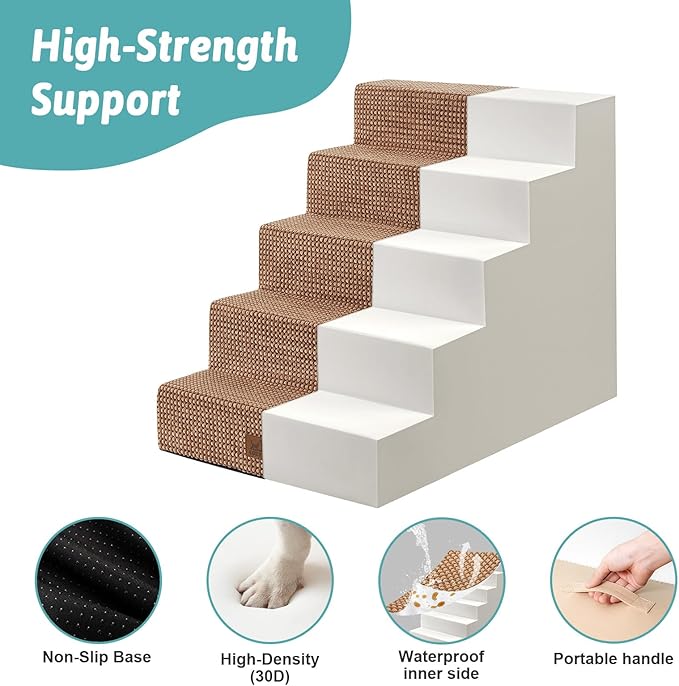 Dog Stairs for Small Dogs, 5 Tier Wider Pet Stairs for High Beds, 23.6" H Non-Slip Dog Steps for Old Cats, Puppies, Small Medium Dogs, 29.5x19.7x23.6 inch, Light Brown