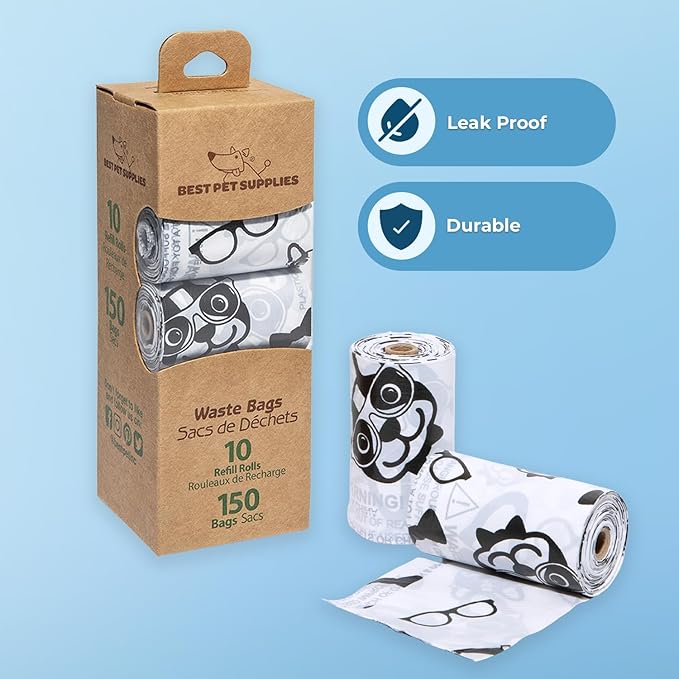 Best Pet Supplies Dog Poop Bags (150 Bags) for Waste Refuse Cleanup, Doggy Roll Replacements for Outdoor Puppy Walking and Travel, Leak Proof and Tear Resistant, Thick Plastic - White
