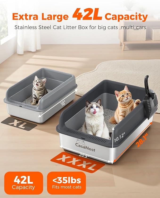 XXXL Stainless Steel Cat Litter Box 28.1''×20.5''× 10.1” Extra Large Metal Cat Litter Box for Big, Multi Cats, Anti-Leakage & Non-Stick Metal Pan, Easy to Clean, Durable (Black
