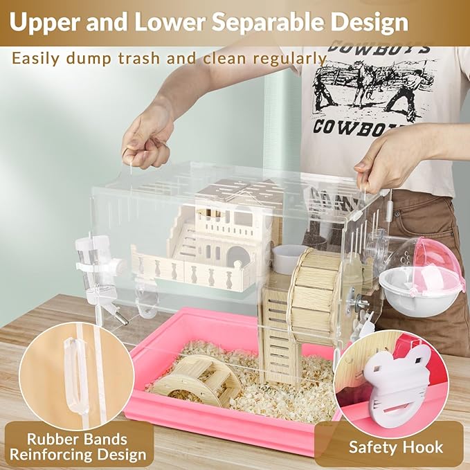 Cycodo 8 in 1 Acrylic Hamster Cage,2-Tier Dwarf Hamster Cage with Wooden Wheel & Hideout,Small Hamster Habitat with Accessories,Clear Pet Mice House(Pink,14" L*10" W*11" H)