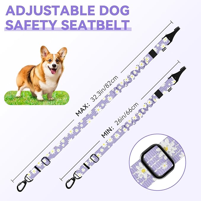 Pawaboo 2Pack Dog Seatbelt for Car, 3-in-1 Dog Car Seat Belt Bungee, Dogs Tether for Cars with Buckle & Hook Latch, Adjustable Reflective Dogs Cars Harness Leash with 360° Lockable Buckle,Light Purple