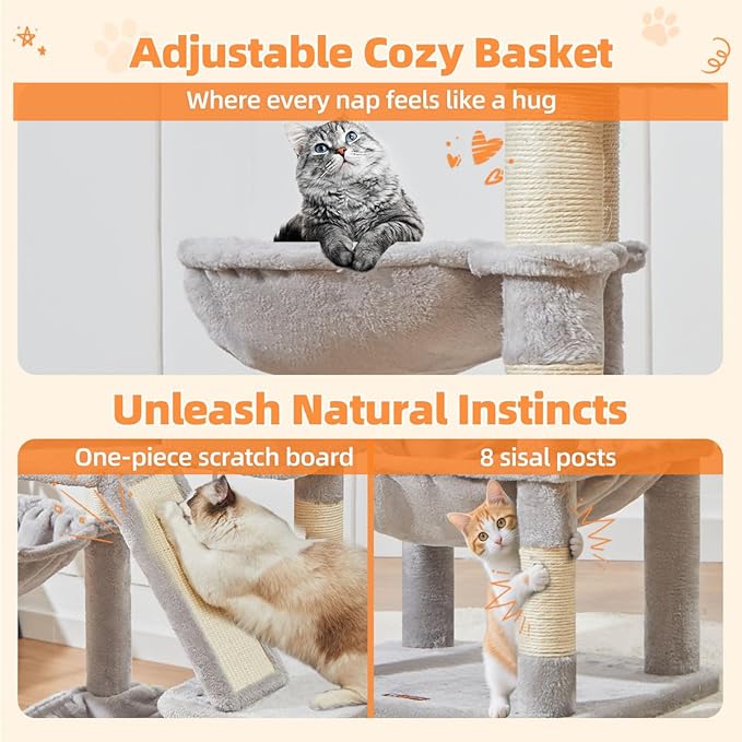 Taoqimiao Cat Tree 57.5-Inch, Cat Tower for Indoor Cats Large Adult, Extra Large Cat Condo, 8 Sisal Scratching Posts, Metal Frame Cozy Hammock, Durable Scratch Board, 2 Top Perches, Light Gray MS026W